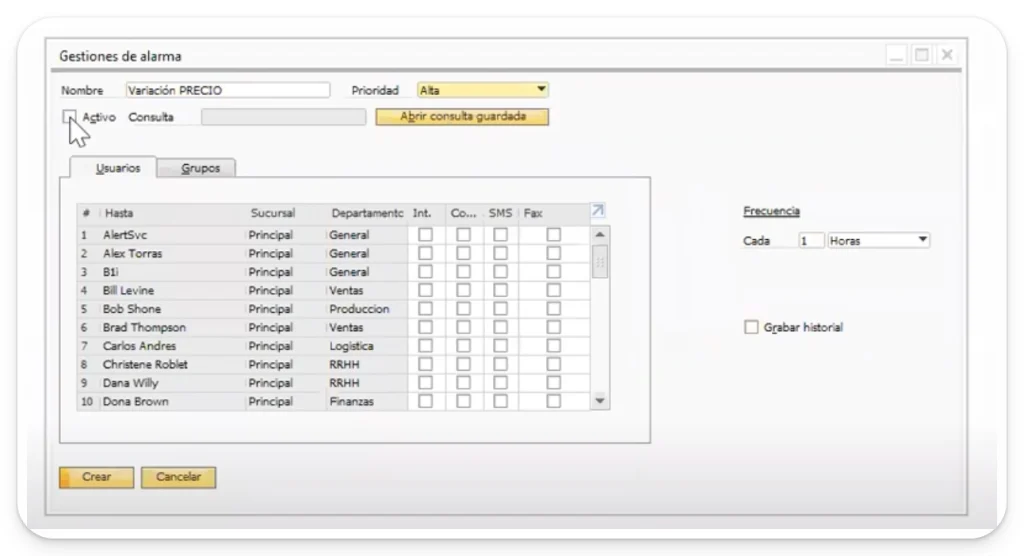como crear una alerta en sap business one