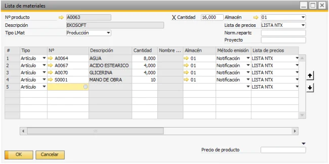 Lista de materiales SAP Business One