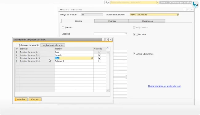 pantalla activaciones de ubicaciones sap b1