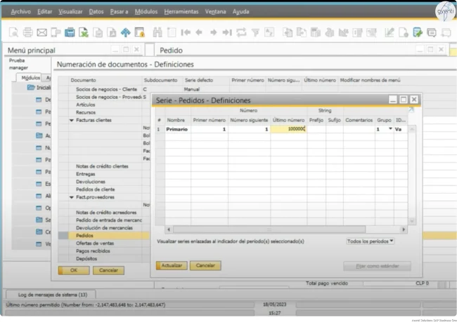 pantalla series de numeracion sap business one