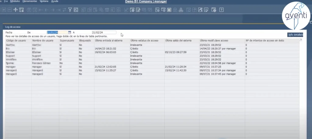 Log de acceso SAP B1 usarios conectados