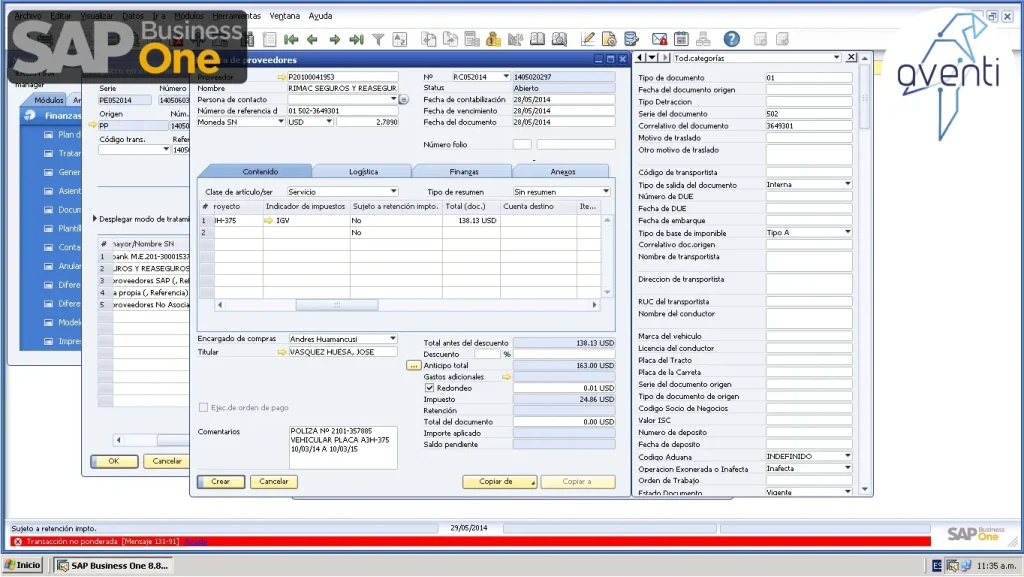 Error transaccion no ponderada SAP B1
