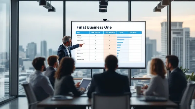 Ejecutivo de negocios revisando una lista digital de consideraciones técnicas de SAP Business One en una tablet, mientras su equipo discute en una sala de reuniones.