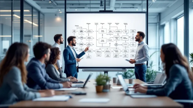 Equipo empresarial discutiendo tipos de listas de precios en SAP Business One con una pizarra llena de notas y estrategias.