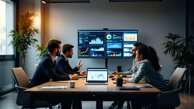 Profesional financiero revisando gráficos fiscales en una computadora con addon Automated Fiscal Suite en una oficina elegante.