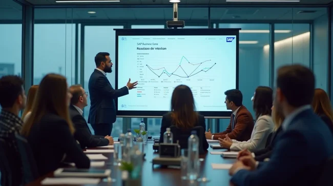 Un experto presenta SAP Business One en una sesión de capacitación con profesionales mexicanos en una sala de conferencias moderna.