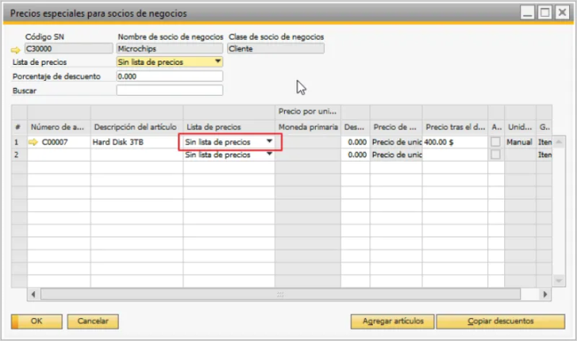 menu sap business one para cambiar listas de precios. Captura de pantalla.