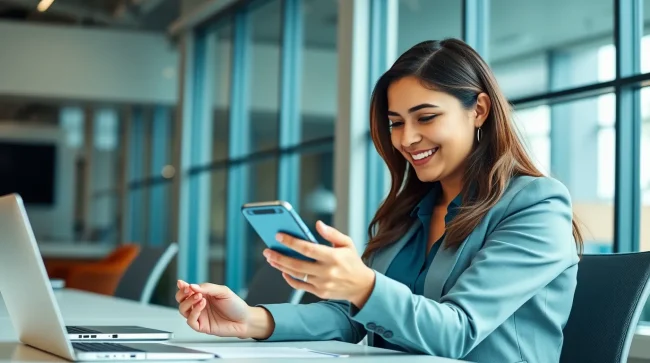 Una empresaria mexicana revisa la app móvil de SAP Business One en su smartphone dentro de una oficina moderna con iluminación natural.