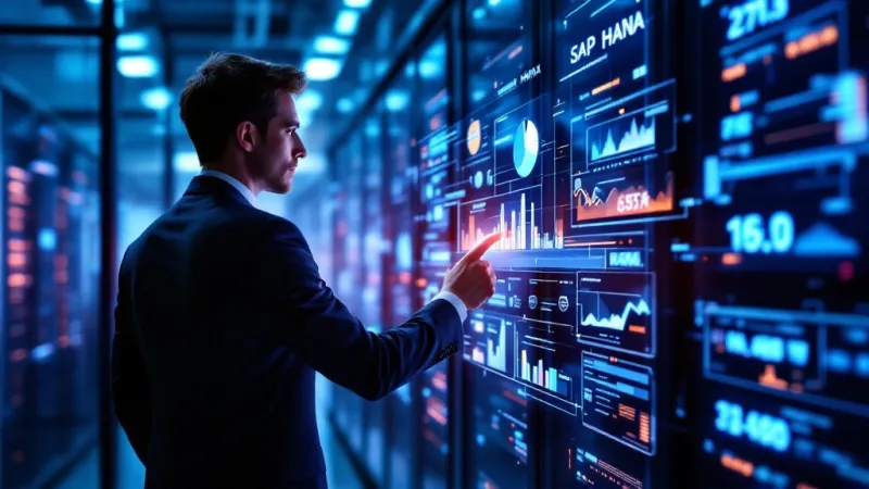 Mano de un empresario interactuando con una interfaz holográfica de SAP Business One, mostrando iconos de automatización, gestión de inventario y análisis en tiempo real.