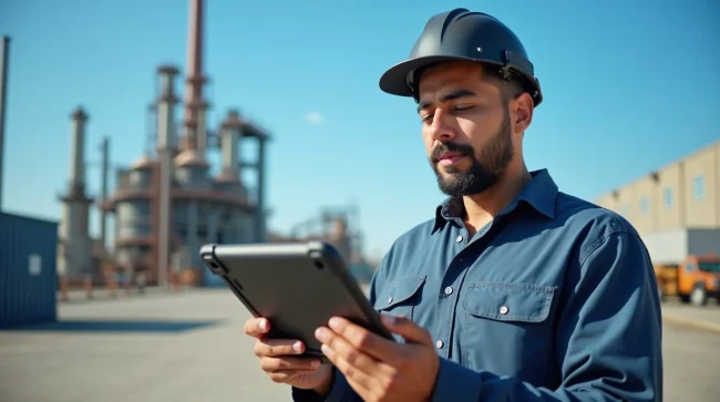 Técnico de campo mexicano usa la app móvil de SAP B1 en una tablet resistente mientras inspecciona maquinaria en un sitio industrial.