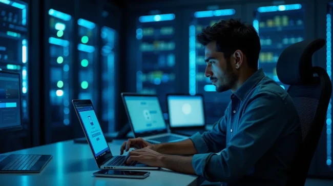 Un especialista en TI mexicano configura SAP B1 en su laptop en una sala de servidores con luces LED azules y su smartphone al lado.