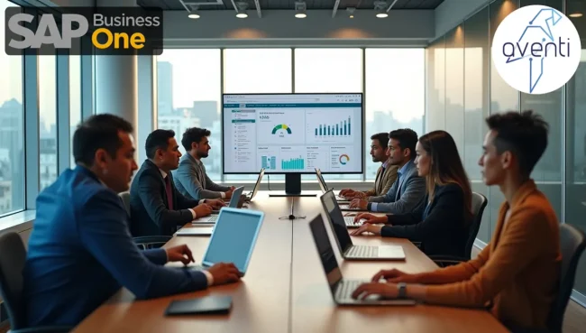 Profesionales mexicanos colaborando en oficina moderna trabajando sobre el catalogo de cuentas sap business one con pantallas digitales de finanzas.