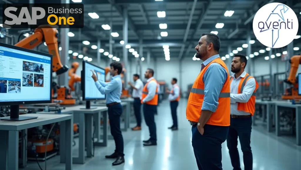 Planta manufacturera moderna con sistemas SAP Business One integrados, mostrando la optimización de procesos productivos mediante tecnología empresarial y el proceso de emision para produccion sap business one