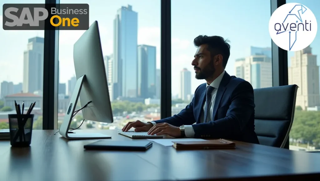 Ejecutivo mexicano trabajando en computadora con interfaz SAP en oficina moderna, representando la gestión profesional de periodos contables empresariales.