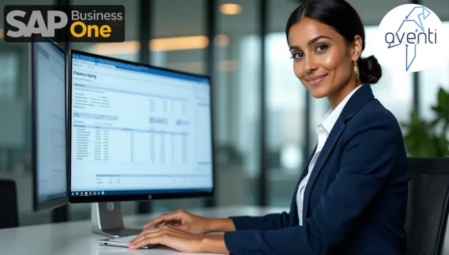 Profesional mexicana trabajando en SAP Business One con reportes de antigüedad de saldos en pantalla, representando la optimización de gestión financiera.