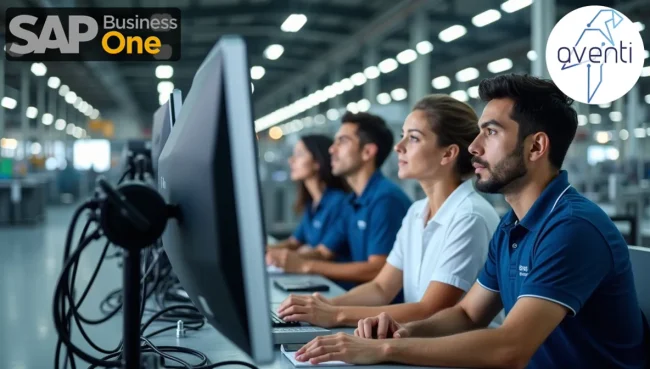 Instalación manufacturera mexicana moderna con profesionales monitoreando interfaces de producción SAP Business One en pantallas industriales grandes, incluyendo el proceso de recibo de produccion sap business one.