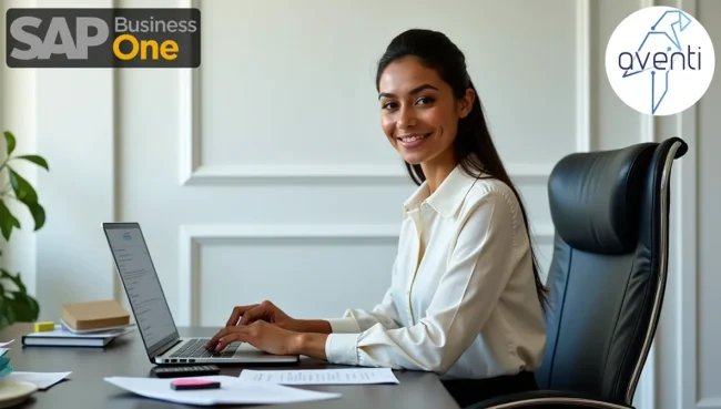 Profesional mexicana trabajando en computadora con sistema SAP Business One, gestionando documentos de caja chica en oficina corporativa moderna.