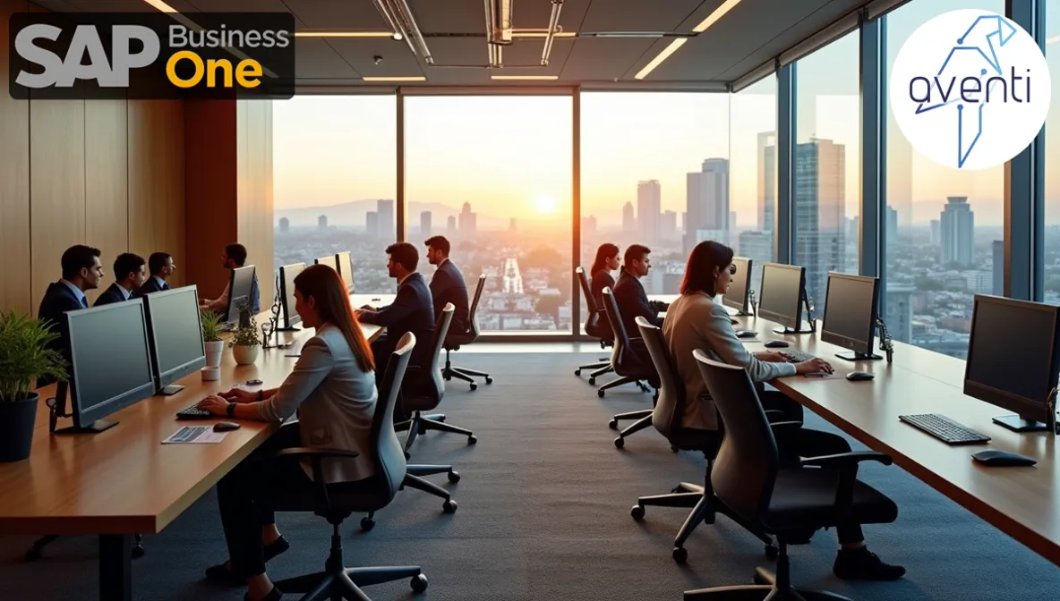 Oficina corporativa moderna con profesionales mexicanos trabajando en sistemas SAP Business One, mostrando el ambiente de gestión financiera empresarial.