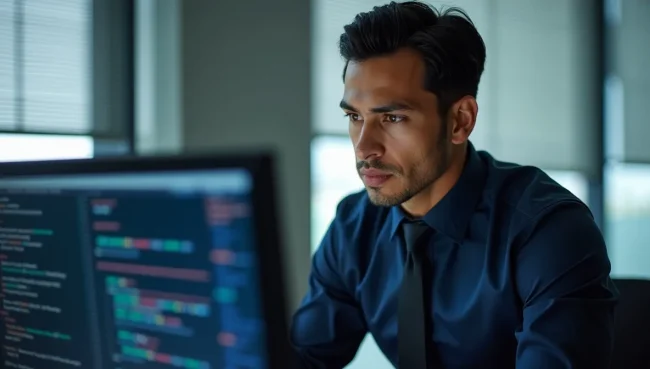 Especialista mexicano en TI analizando errores de fecha en pantalla de computadora, representando la identificación de problemas en SAP Business One.