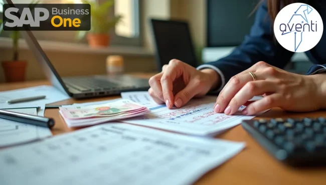 Manos organizando billetes y recibos en escritorio de oficina, mostrando los elementos fundamentales para el control y registro de gastos menores.