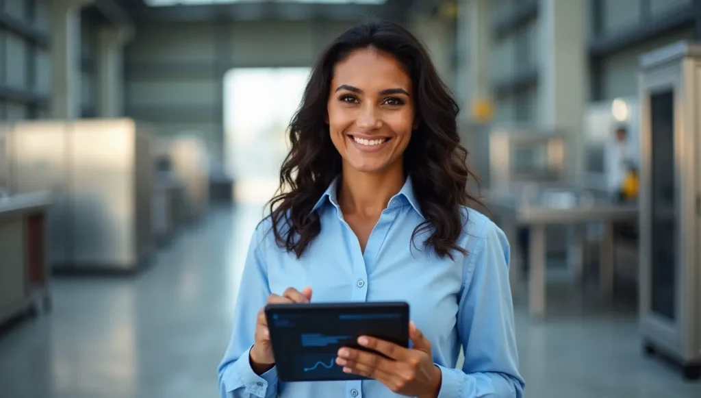 Gerente de producción mexicana supervisando procesos manufactureros con tablet, representando el control y timing adecuado para emisiones de producción.