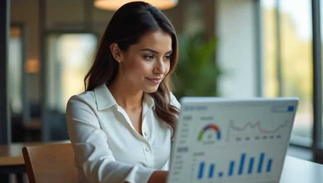 Profesional mexicana trabajando en laptop con dashboard financiero, mostrando la configuración de indicadores de periodo en sistema contable empresarial.