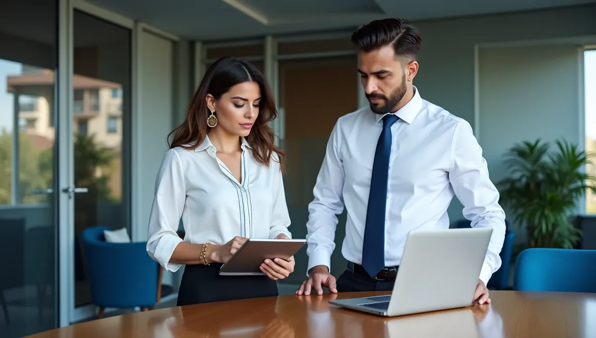 Profesionales mexicanos colaboran en oficina moderna personalizando formularios en interfaz ERP usando tablet y laptop, fomentando eficiencia laboral.