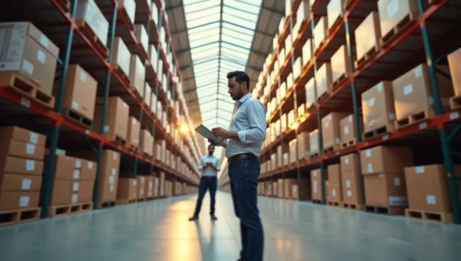 Almacén moderno con profesionales mexicanos gestionando inventario usando tablets, representando la eficiencia en control de stock y logística empresarial.