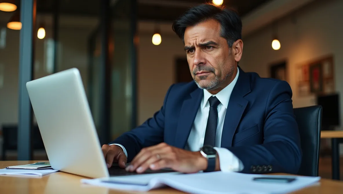 Empresario mexicano revisando documentos financieros con expresión preocupada, representando los desafíos de errores de pago en sistemas ERP.