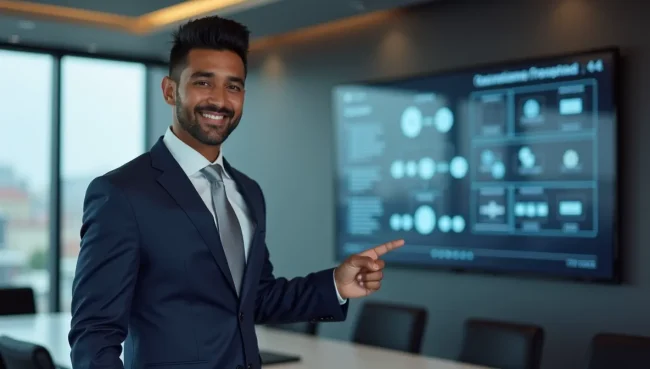 Consultor empresarial mexicano explicando configuración SAP en pantalla, representando la implementación profesional de sistemas contables en México.