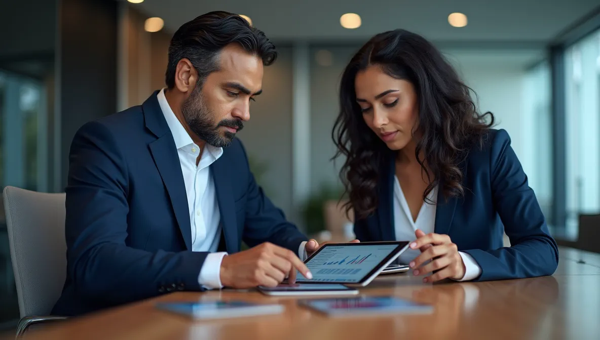 Ejecutivos mexicanos revisan digitalmente gráficos financieros; resaltan utilidad, ingresos y costos, mostrando importancia del estado de resultados.