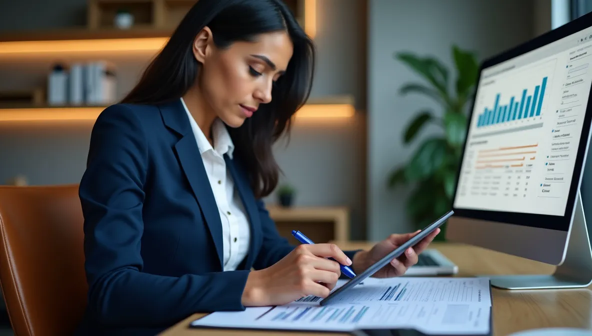 Especialista mexicana revisando documentos financieros digitales para confirmar el cumplimiento de todos los requisitos previos al cierre anual contable.