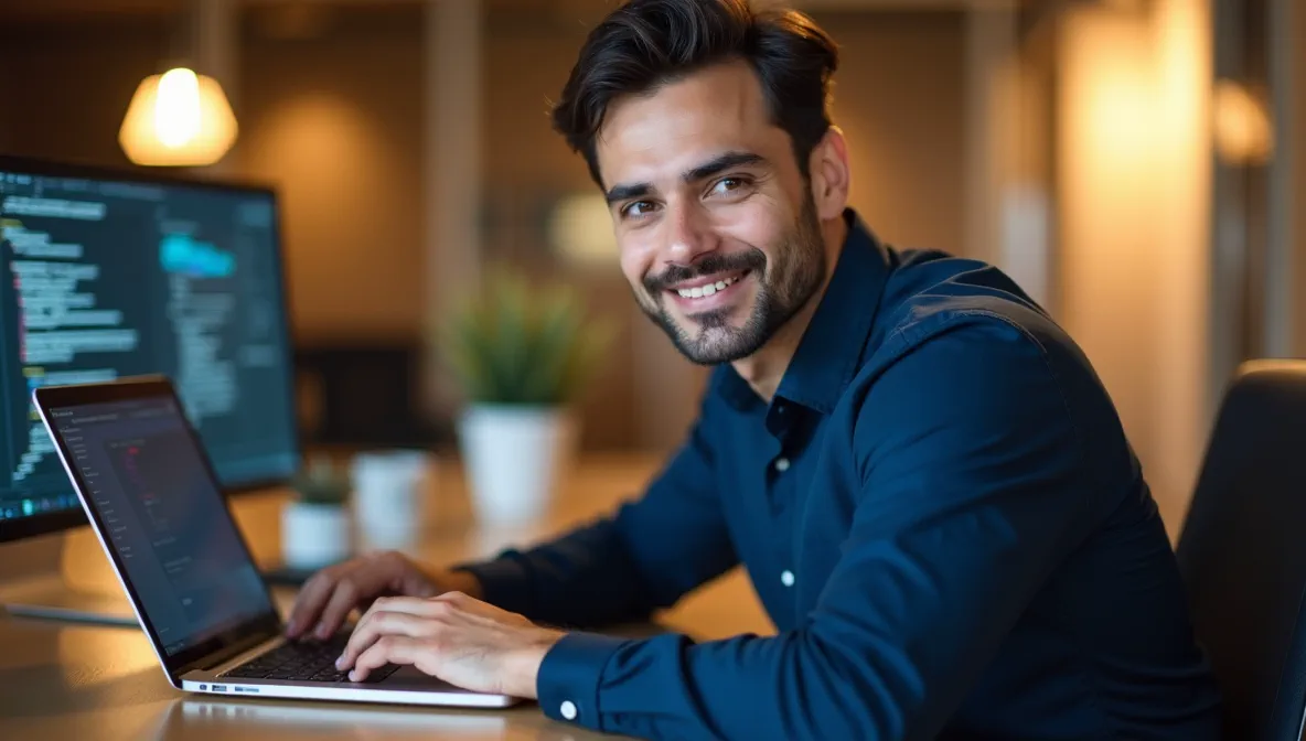 Profesional mexicano configurando sistema SAP en laptop, representando los requisitos técnicos necesarios para la gestión de tipos de cambio empresarial.