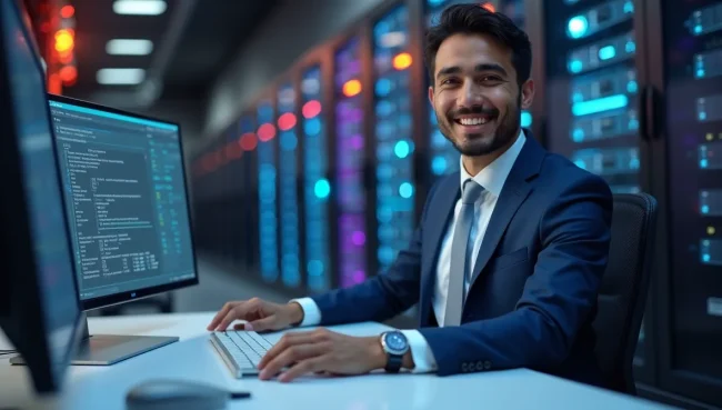 Administrador de TI mexicano en estación de trabajo moderna con múltiples monitores mostrando interfaces de gestión en la nube, ambiente profesional.