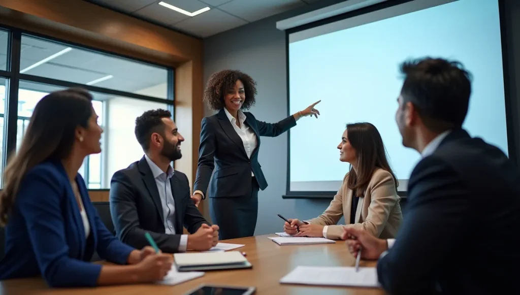 Grupo de profesionales participando en capacitación sobre SAP Business One, atentos a la instrucción en sala de conferencias moderna y ambiente profesional.