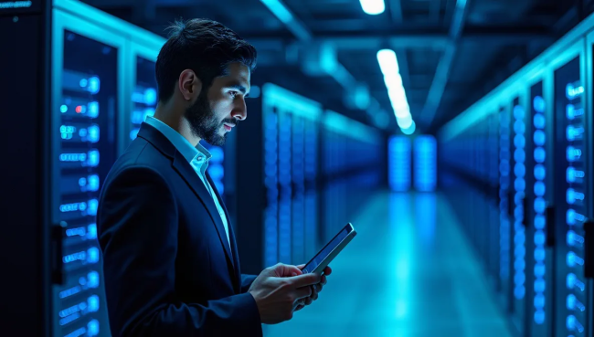 Centro de datos moderno con servidores y ingeniero mexicano monitoreando infraestructura tecnológica, mostrando capacidades de conectividad API.
