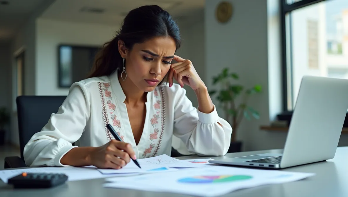Analista financiera mexicana examinando múltiples documentos en mesa de conferencias, mostrando la complejidad de errores en pagos empresariales.