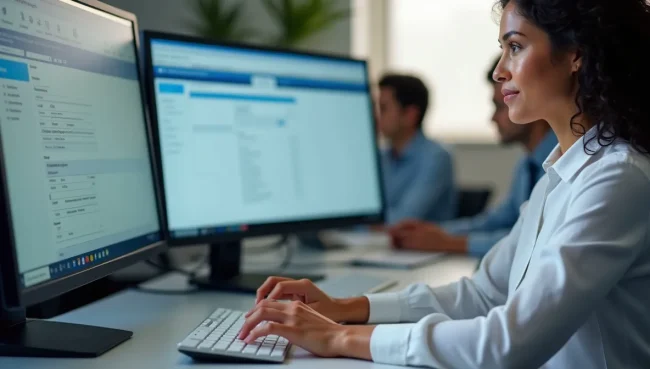 Manos configurando sistema SAP en múltiples monitores, mostrando el proceso técnico de ajuste de parámetros de fechas en el software empresarial.