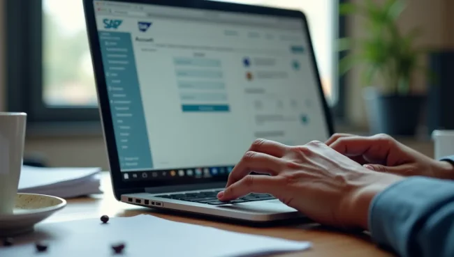 Especialista en TI configurando sistema SAP Business One en laptop, mostrando el proceso técnico de implementación de cuentas contables empresariales.