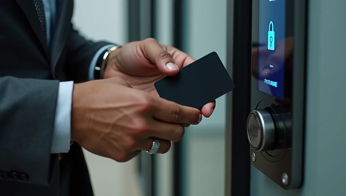 Ejecutivo mexicano utilizando tarjeta de acceso digital frente a sistema moderno, representando requerimientos de permisos para formularios en SAP.