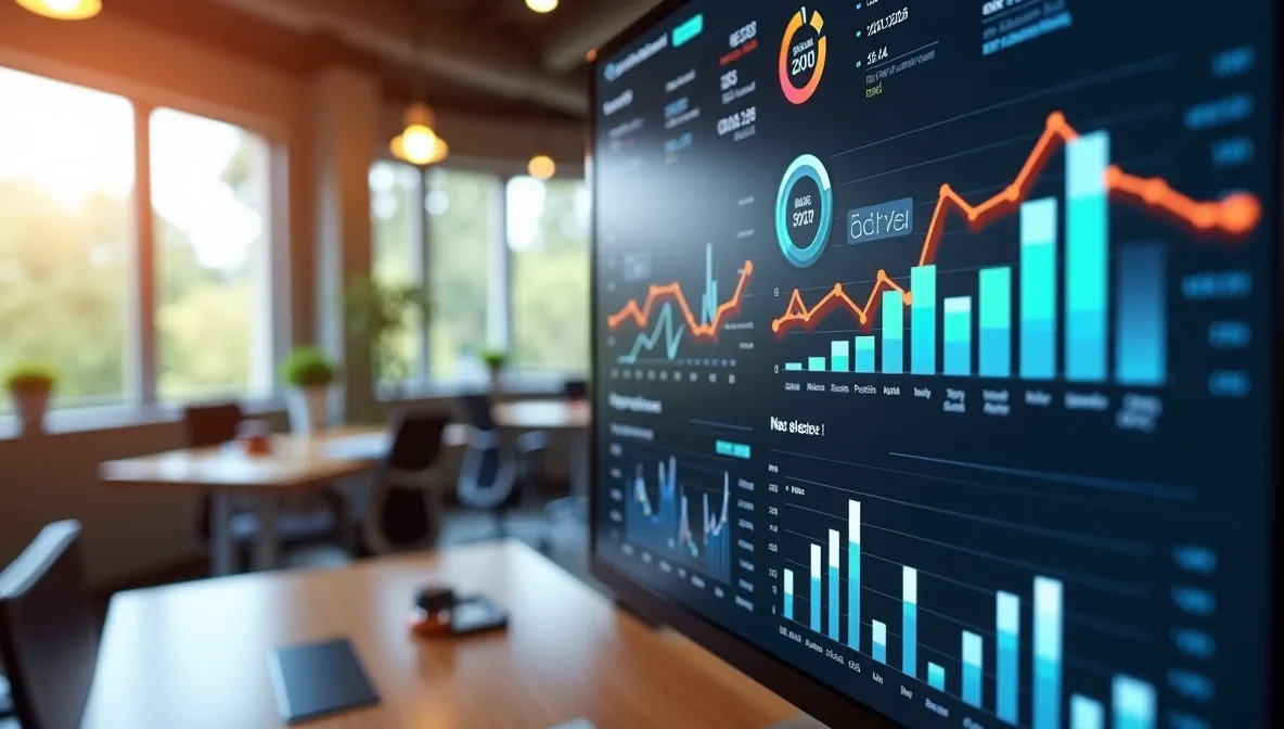 Pantalla digital con visualización gráfica detallada de categorías financieras claves: ingresos, costos, gastos y resultados en ambiente corporativo.