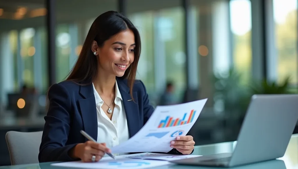 Analista de negocios mexicano revisando reportes financieros impresos y dashboard digital, representando la generación de informes de saldos de clientes.