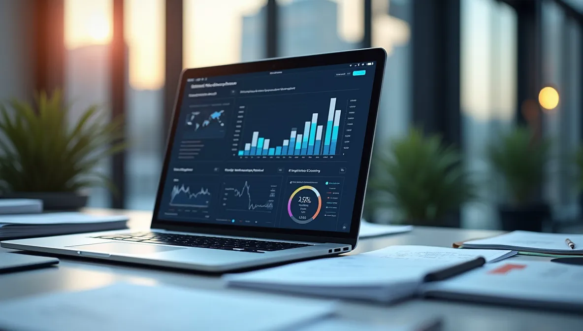Escritorio moderno con computadoras, documentos y dashboards financieros, ejemplificando claramente los pasos del proceso de cierre anual contable.