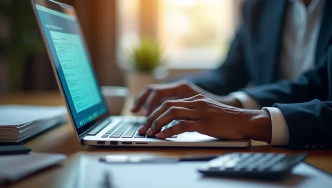 Manos navegando módulo de ventas SAP en laptop, mostrando proceso detallado de creación de facturas de anticipo en ambiente profesional.