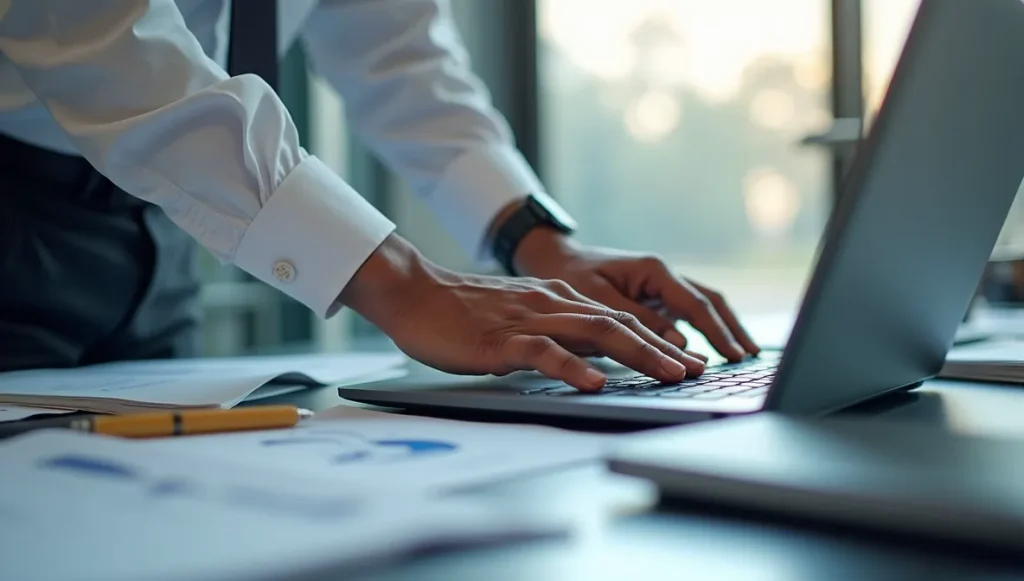 Profesional mexicano utilizando laptop con módulo de producción SAP, demostrando el proceso detallado de emisión de materiales para manufactura.
