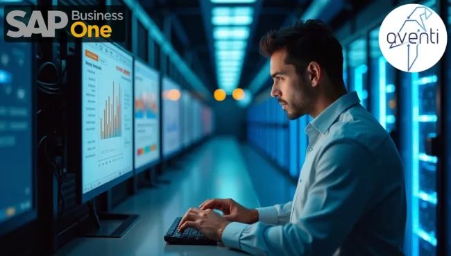 Centro de datos moderno con profesional mexicano monitoreando sistemas ERP, representando la integración tecnológica para gestión financiera.