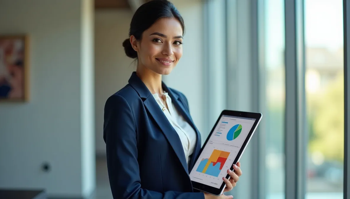 Ejecutiva mexicana sosteniendo tablet con gráficos visualizando la eficiencia y optimización del inventario al usar listas de materiales SAP B1.