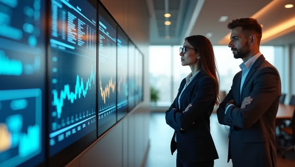 Equipo financiero corporativo mexicano analizando datos en pantalla interactiva durante reunión, mostrando beneficios de gestión de saldos colaborativa.