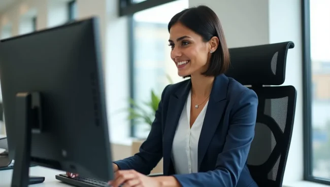 Gerente financiera mexicana trabajando en configuración SAP con monitores duales, representando la gestión profesional de cuentas contables empresariales.