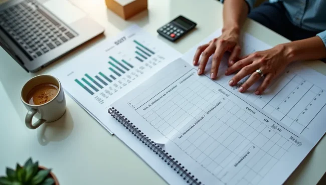Vista aérea de escritorio organizado con calendario financiero y laptop, mostrando la gestión eficiente de periodos contables en ambiente profesional.
